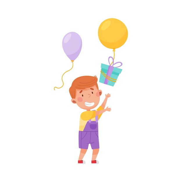 Un niño alegre atrapa una caja de regalos con una ilustración vectorial de globos