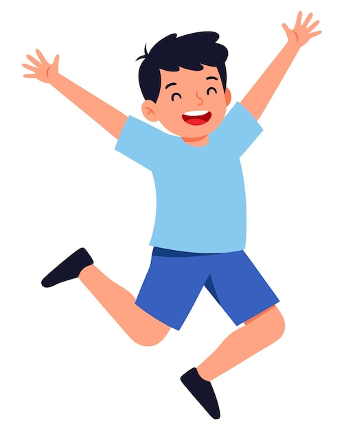 Un niño alegre saltando con emoción con una camisa azul brillante y pantalones cortos celebrando momentos divertidos