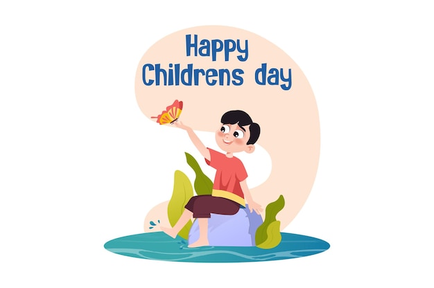 Un niño alegre sentado en una roca en el agua celebrando el día de los niños ilustración vectorial