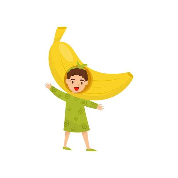 Niño alegre con sombreros en forma de plátano amarillo Niña divertida vestida de fruta Vector plano para afiche o libro para niños