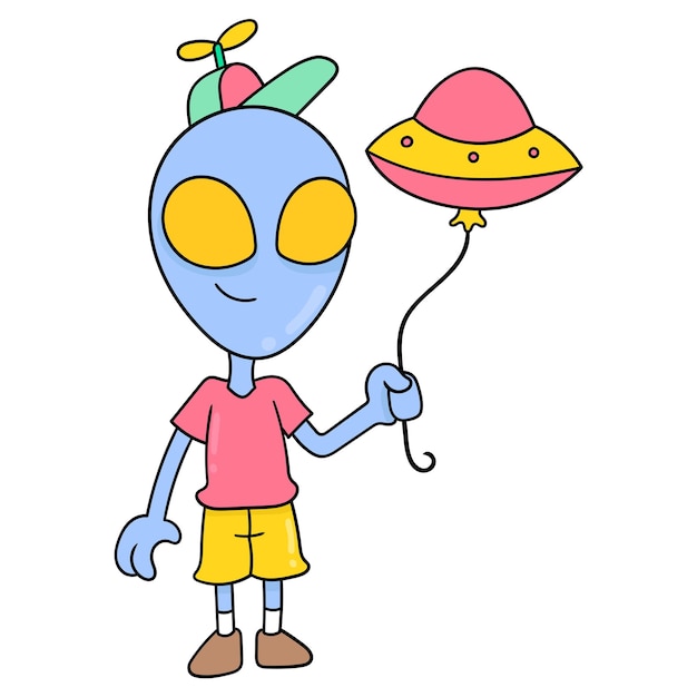 niño alienígena está caminando con globos, arte de ilustración vectorial. imagen de icono de doodle kawaii.