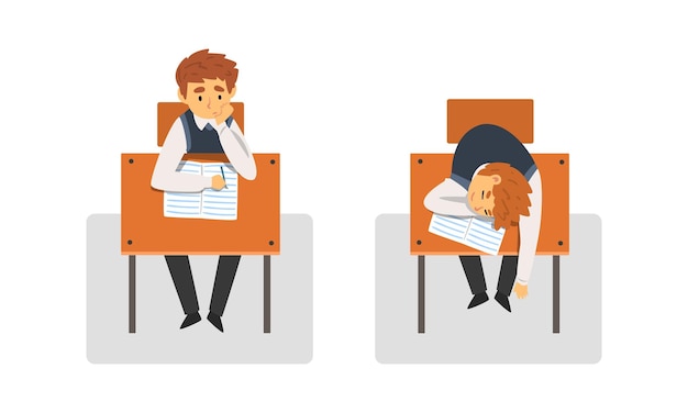 Niño alumno o estudiante sentado en el escritorio teniendo lección escolar Conjunto vectorial de vista frontal