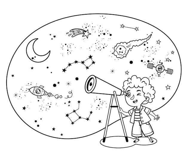 Niño amante de la ciencia en blanco y negro observa el espacio ilustración de vector aislado