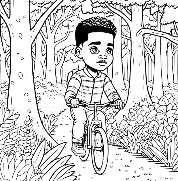 Un niño andando en bicicleta por un bosque.