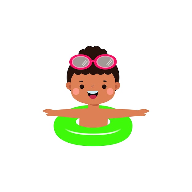 Niño con anillos flotantes dibujos animados para niños lindos personajes de fiestas en la piscina niño pasando vacaciones en la playa