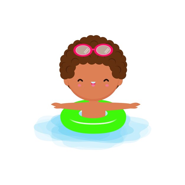 Niño con anillos flotantes dibujos animados para niños lindos personajes de fiestas en la piscina niño pasando vacaciones en la playa