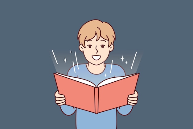 Niño antes de la adolescencia con libro abierto en las manos lee cuentos de hadas o cómics con interés