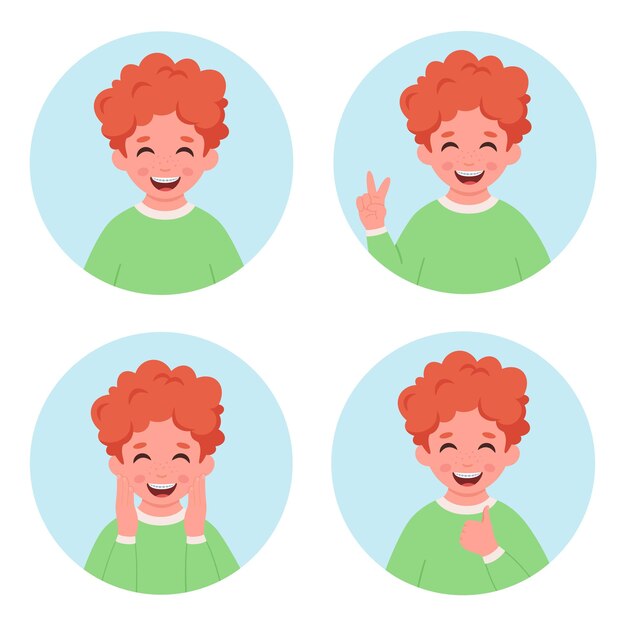 niño, con, aparatos dentales, cuidado dental, sonriente, pelirrojo, niño, vector, ilustración