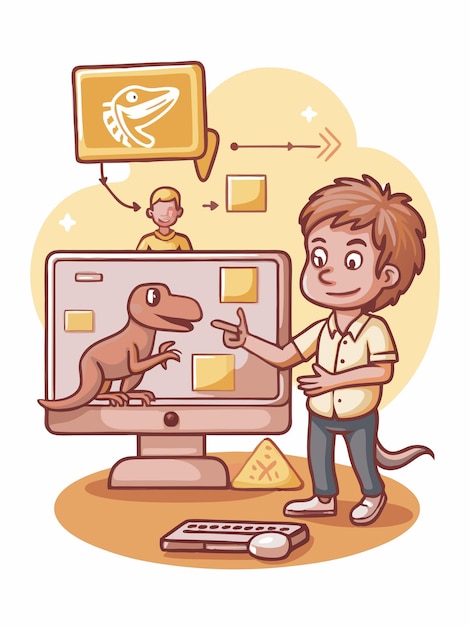 un niño apuntando a una pantalla de computadora con un dinosaurio en ella