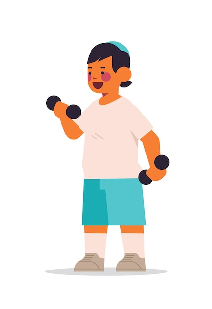 Niño árabe haciendo ejercicios físicos con pesas estilo de vida saludable concepto de infancia ilustración de vector vertical aislado de longitud completa
