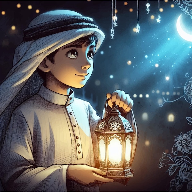 Vector niño árabe con una luz en el ramadán