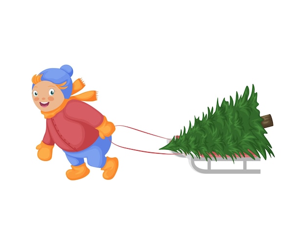 Un niño con un árbol de Navidad Ilustración de Navidad que representa a un niño que lleva un árbol de Navidad en un trineo Lindo bebé con un árbol de Navidad Ilustración vectorial