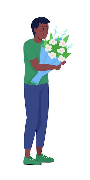 Niño con arreglo floral de carácter vectorial de color semiplano. Persona de cuerpo completo en blanco. Regalo especial para novia ilustración de estilo de dibujos animados moderno aislado para diseño gráfico y animación