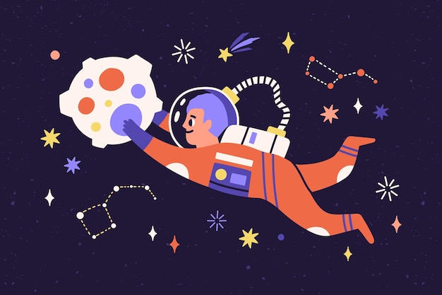 Vector niño astronauta en viaje de traje espacial en el cosmos. cosmonauta volando y flotando en el espacio ultraterrestre con estrellas, cometas, constelaciones y asteroides. ilustración de vector plano de fantasía infantil en el universo.