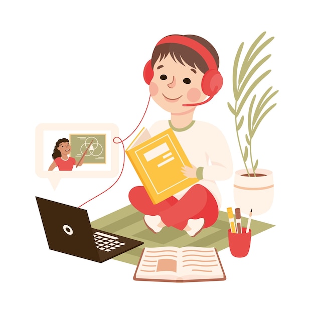 Niño con auriculares Estudiando en línea Usando computadora portátil Enseñanza en casa Aprendizaje a distancia Concepto Ilustración vectorial de estilo de dibujos animados