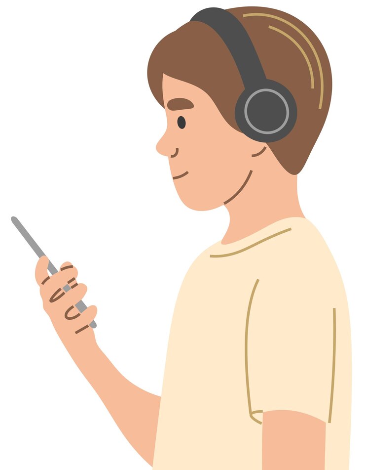Vector un niño con auriculares y una vista lateral del teléfono.