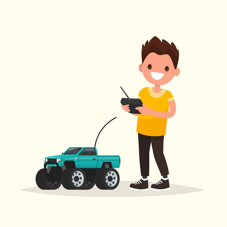 Vector niño con un auto controlado por radio.