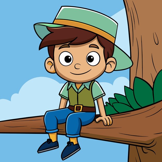 Niño de aventuras sentado en un árbol de dibujos animados