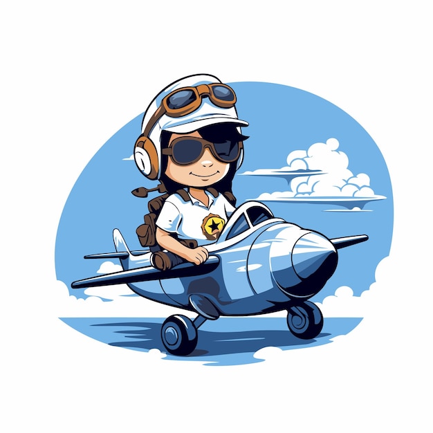 Niño aviador con avión en el cielo ilustración vectorial de dibujos animados
