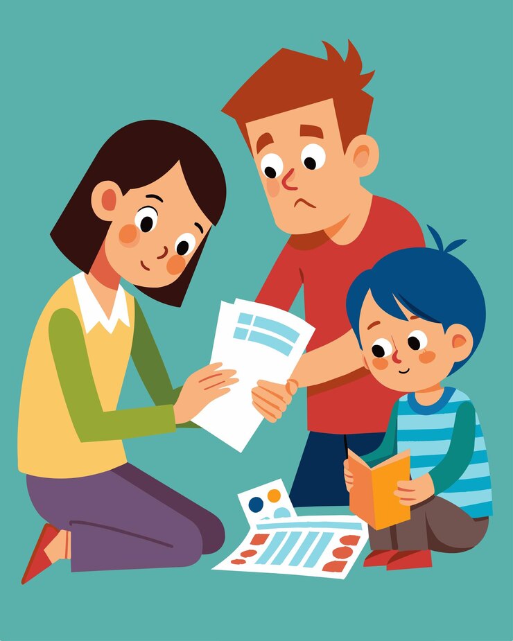 Vector un niño ayuda a sus padres a cortar cupones del periódico emocionado por ver cuánto dinero pueden ganar