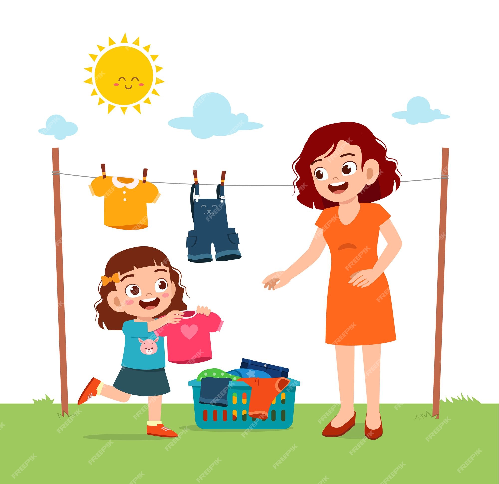 Niño ayudando a la madre a secar la ropa afuera | Vector Premium
