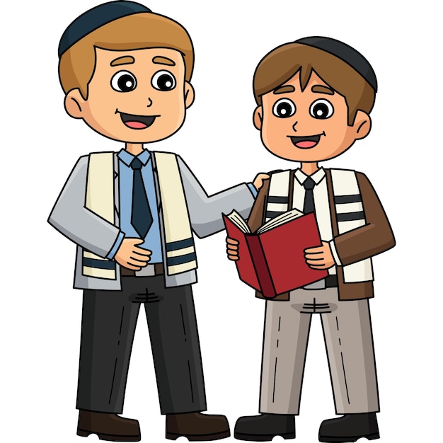Niño de Bar Mitzvah con el rabino Clipart de dibujos animados a color