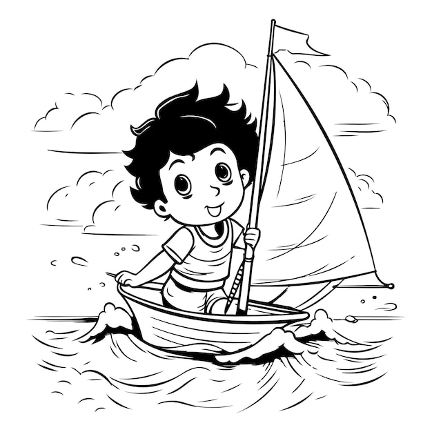 Niño en un barco ilustración vectorial en blanco y negro para libro de colorear