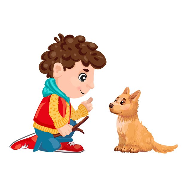 Niño con bastón entrenando un lindo cachorro sentado obedeciendo órdenes