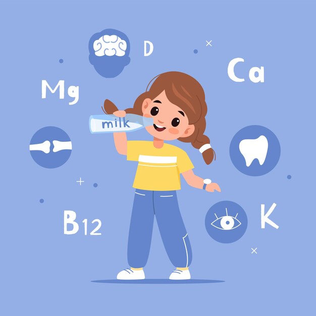 Niño bebe leche niña feliz sosteniendo botella bebida saludable leche de vaca beneficios cartel educativo con elemento químico oligoelementos y vitaminas mañana producto orgánico vector dibujos animados concepto