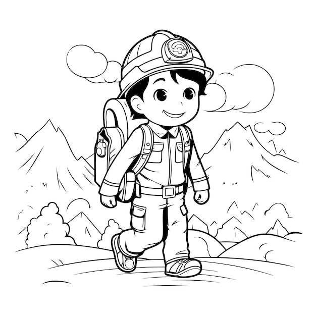 Niño bombero con una mochila libro de colorear