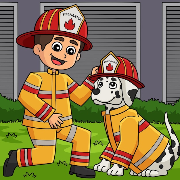Niño bombero y perro bombero de color