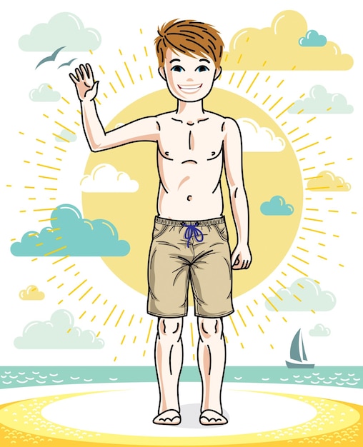Niño bonito niño de pie en coloridos pantalones cortos de playa con estilo. ilustración humana vectorial. prediseñadas de estilo de vida infantil.