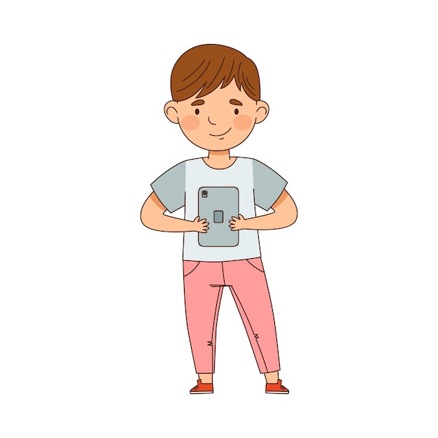 Un niño bonito usando una tableta como una ilustración vectorial de gadgets electrónicos