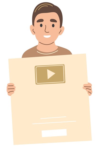Un niño con un botón dorado de YouTube en sus manos.