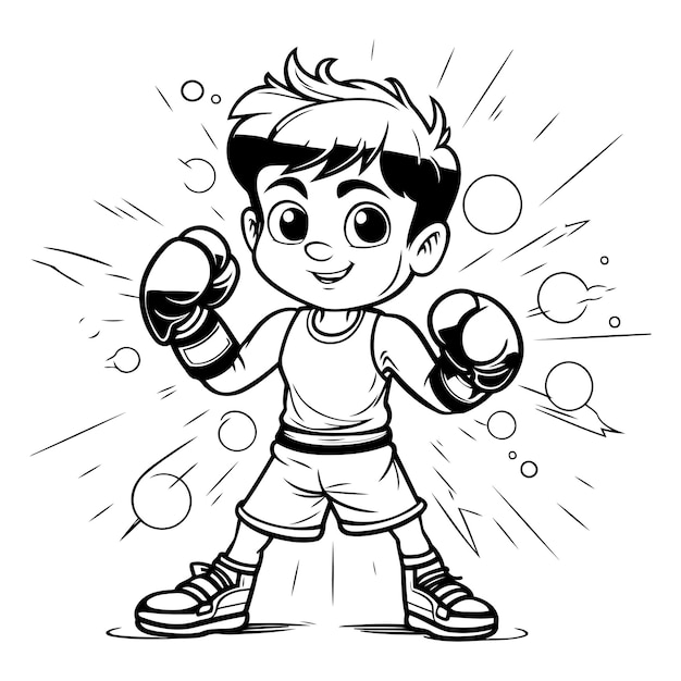 Vector niño boxeador con guantes de boxeo ilustración de dibujos animados vectoriales en blanco y negro