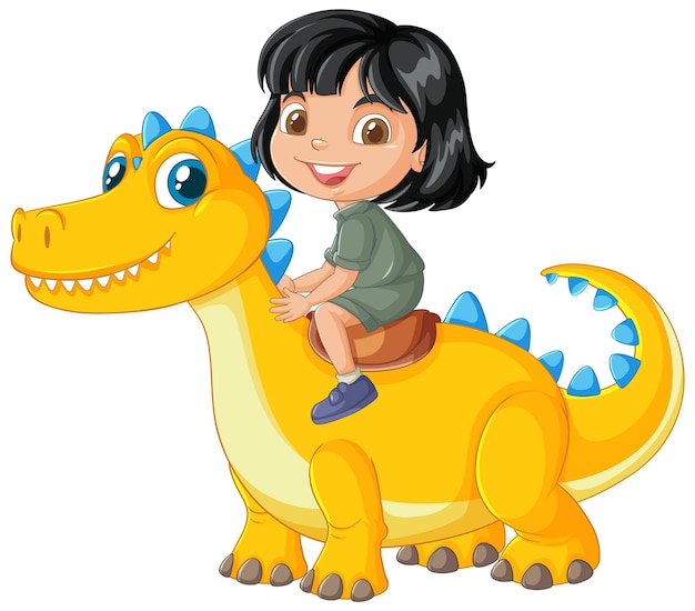 Un niño a caballo de un dinosaurio amigable