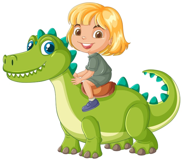 Un niño a caballo de un dinosaurio amigable