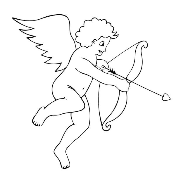 Niño con cabello rizado. Cupido con alas. El ángel dispara al blanco con flechas de un arco.