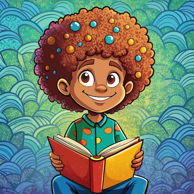 Niño con cabello rizado leyendo un libro mascota dibujada a mano personaje de dibujos animados pegatina icono concepto aislado