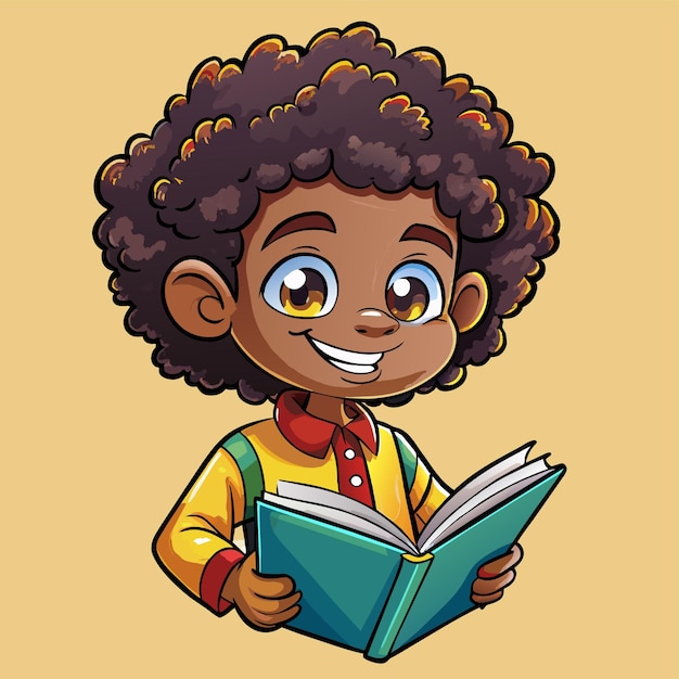 Niño con cabello rizado leyendo un libro mascota dibujada a mano personaje de dibujos animados pegatina icono concepto aislado