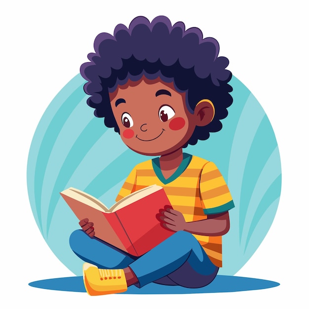 Niño con cabello rizado leyendo un libro mascota dibujada a mano personaje de dibujos animados pegatina icono concepto aislado