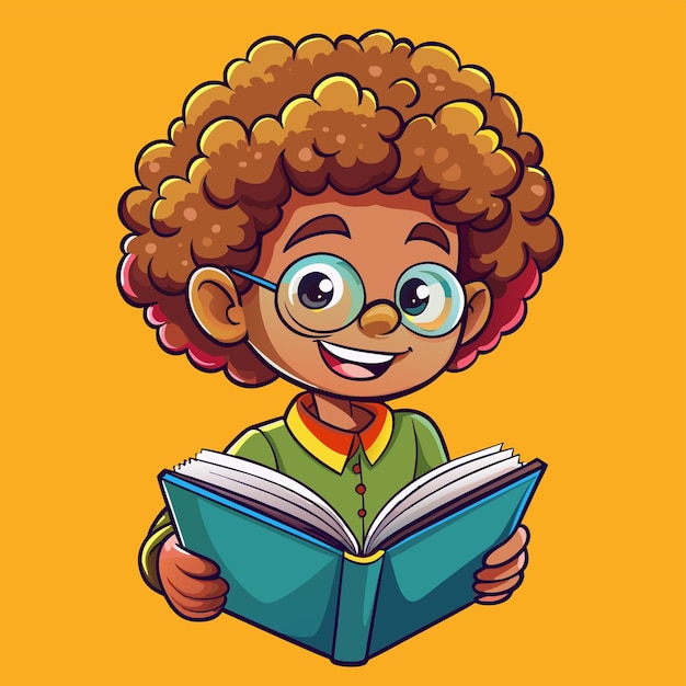 Niño con cabello rizado leyendo un libro mascota dibujada a mano personaje de dibujos animados pegatina icono concepto aislado