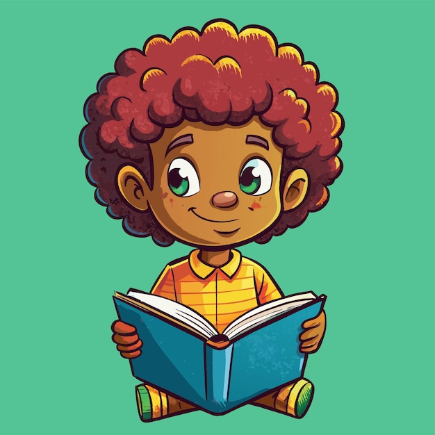 Niño con cabello rizado leyendo un libro mascota dibujada a mano personaje de dibujos animados pegatina icono concepto aislado