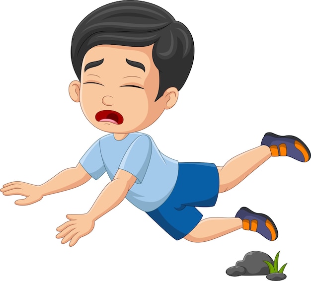 Niño caído tropezando con una roca