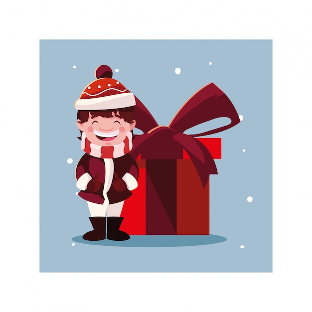 Vector niño con caja de regalo en paisaje de invierno