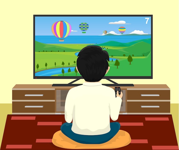 Vector niño cambiando canales mientras mira televisión