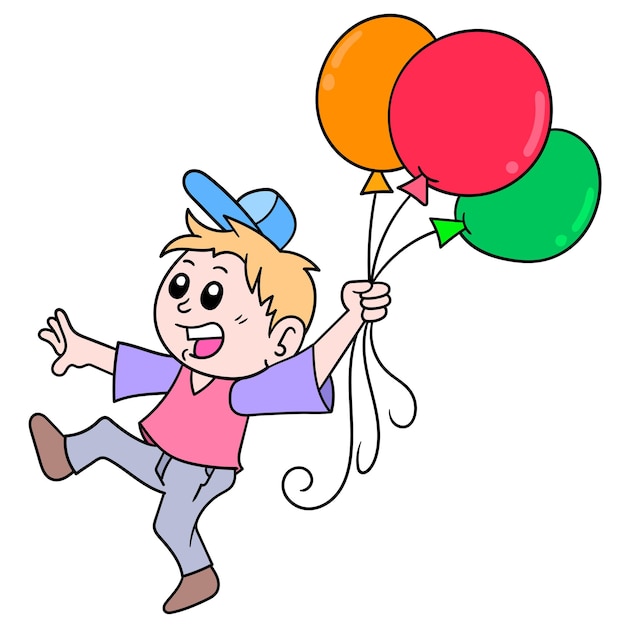 El niño caminando con una gran cantidad de globos de colores, arte de ilustración vectorial. imagen de icono de doodle kawaii.