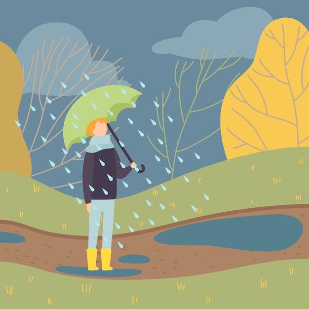 Niño caminando bajo la lluvia bajo el paraguas Niño adolescente de pie en la temporada de otoño Fondo Ilustración vectorial en estilo plano