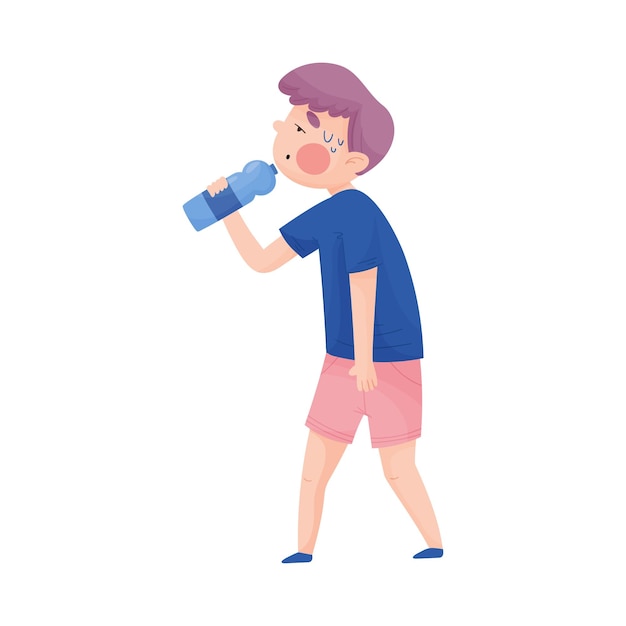 Niño en camiseta bebiendo agua fría de la botella debido a la ilustración vectorial del clima caliente