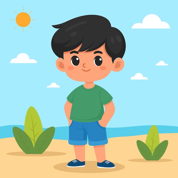 Vector niño con camiseta y pantalones cortos en la playa ilustración de verano